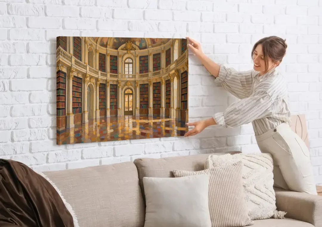 Library Art Prints of a Baroque Gilded Hall canvas wall art being hung on a white brick wall above a sofa