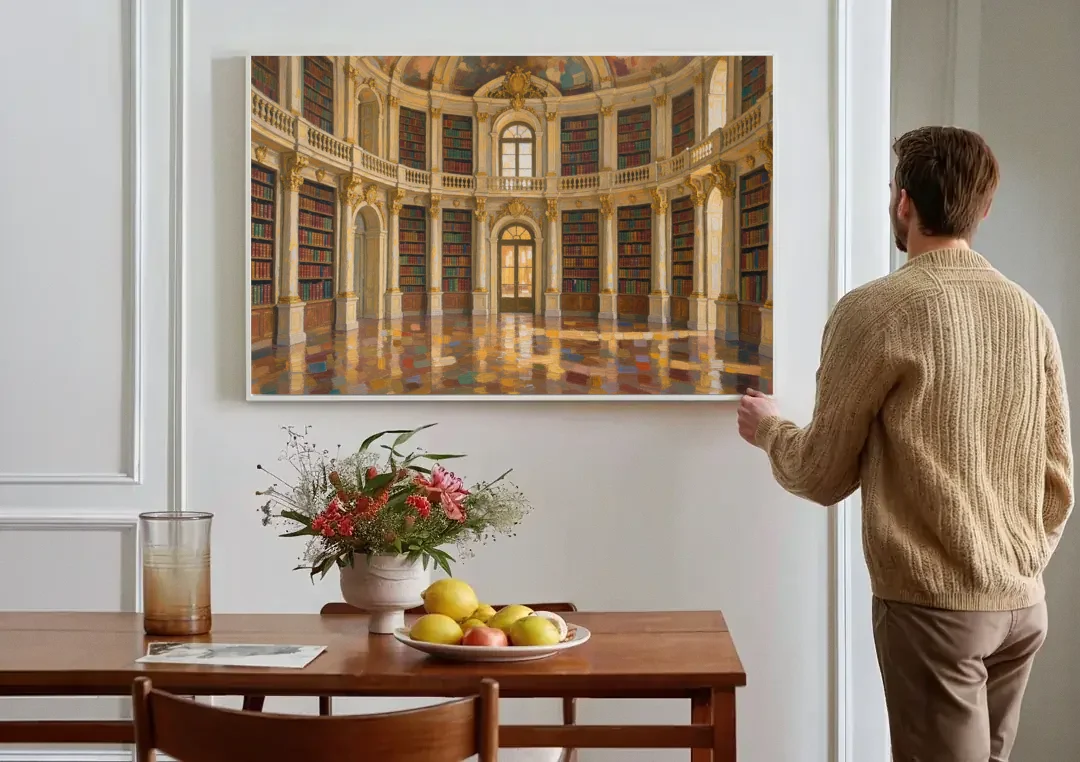 Library Art Prints of a Baroque Gilded Hall canvas wall art above a dining table