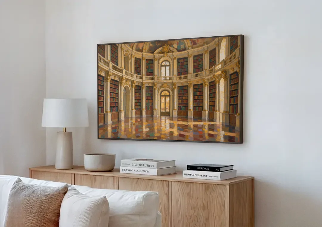 Library Art Prints of a Baroque Gilded Hall canvas wall art above a wooden sideboard next to a sofa