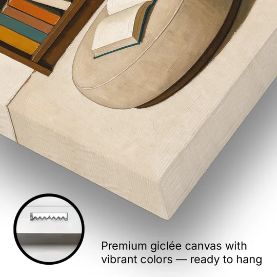 Library Wall Art with Walnut Bookcase and Pouf - Canvas Wall Art - Gallery Wrap Corner