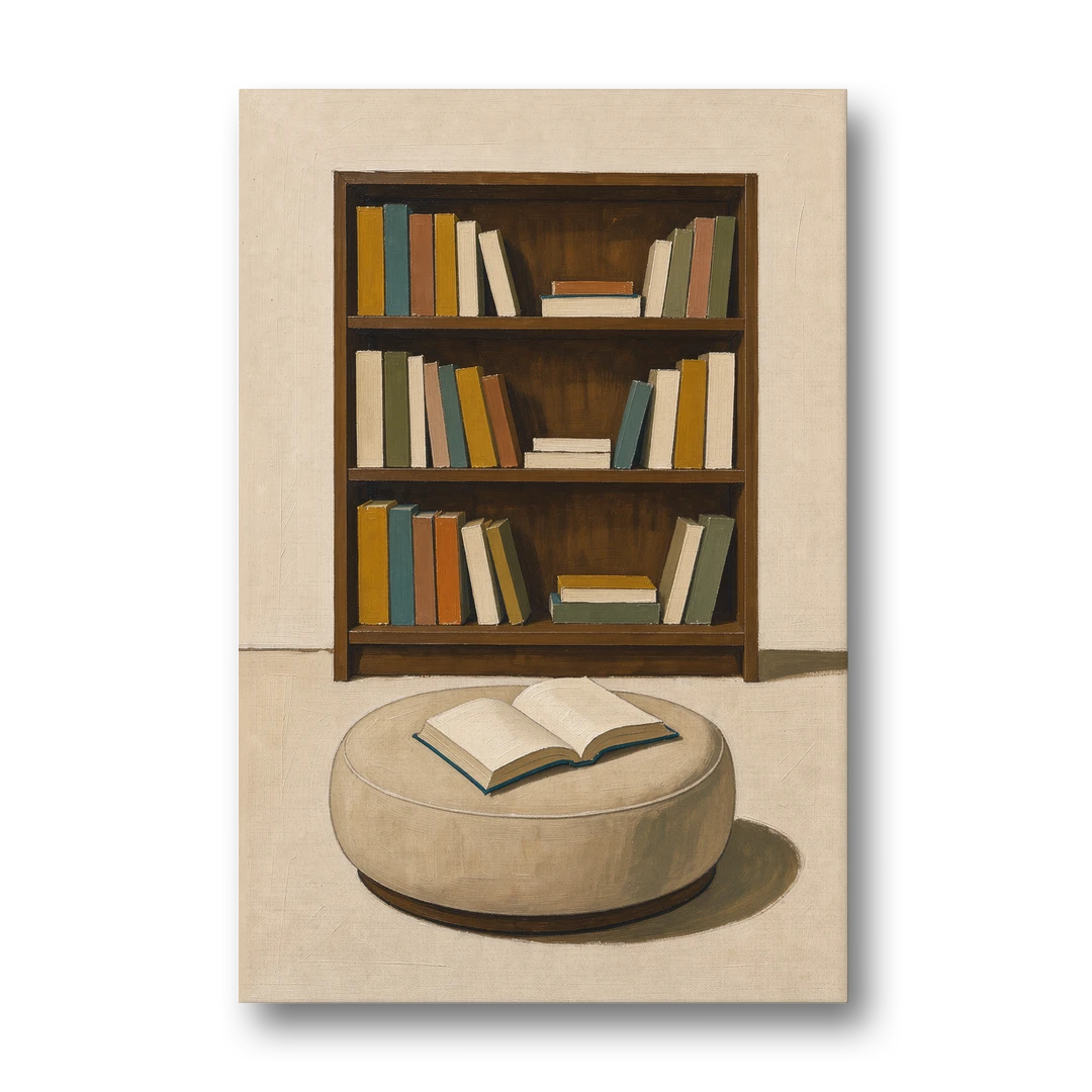 Library Wall Art with Walnut Bookcase and Pouf - Canvas Wall Art - Front