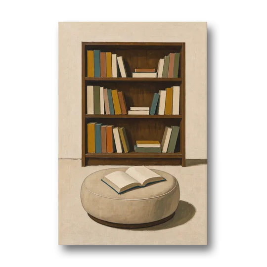 Library Wall Art with Walnut Bookcase and Pouf - Canvas Wall Art - Front