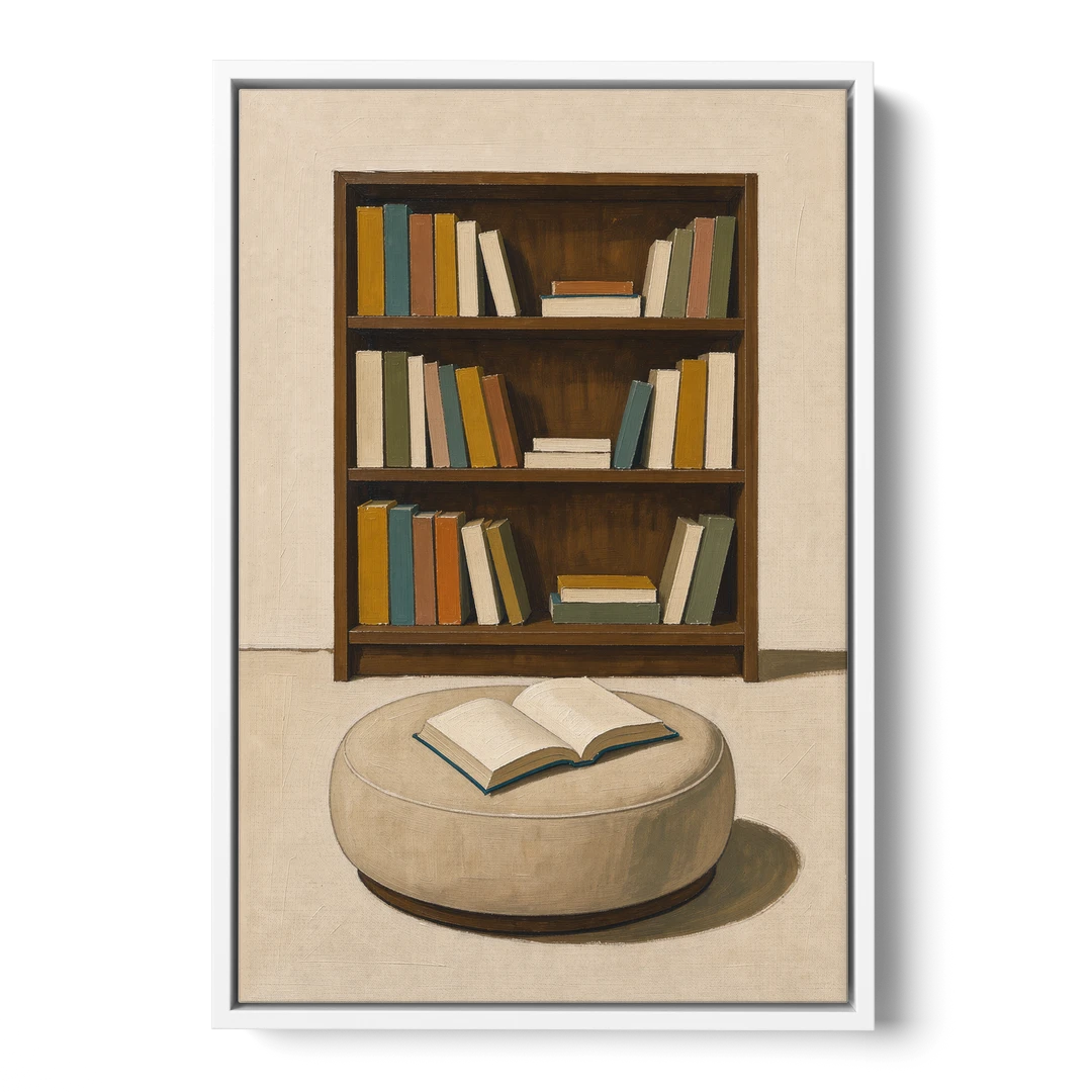 Library Wall Art with Walnut Bookcase and Pouf - White Framed Canvas Wall Art - Front