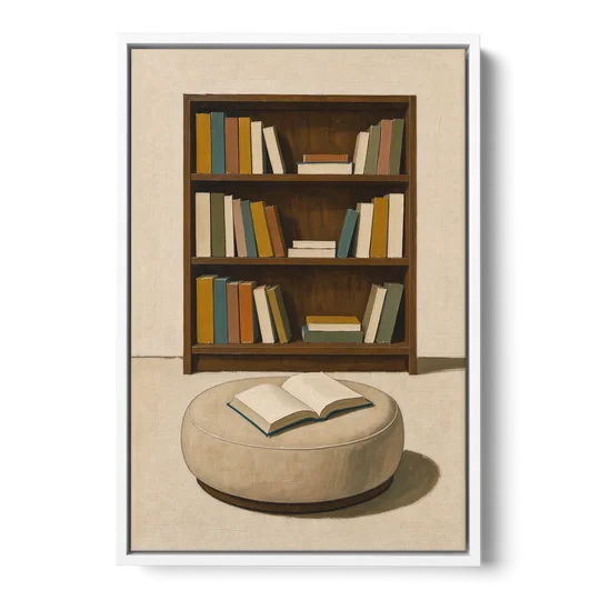 Library Wall Art with Walnut Bookcase and Pouf - White Framed Canvas Wall Art - Front