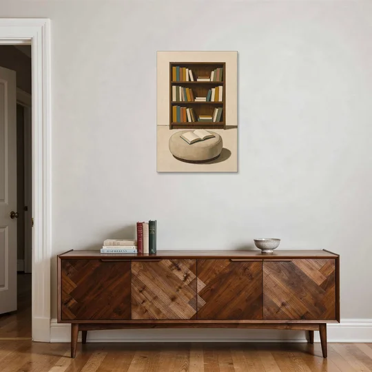 Library Wall Art with Walnut Bookcase and Pouf - Canvas Wall Art - Coffee Table - 24x36