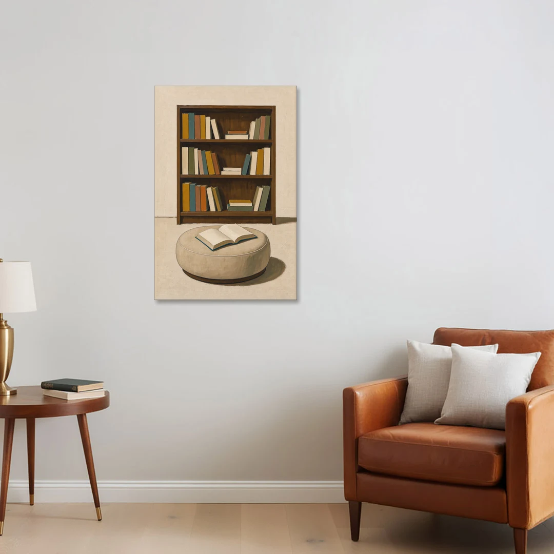 Library Wall Art with Walnut Bookcase and Pouf - Canvas Wall Art - Sofa - 24x36