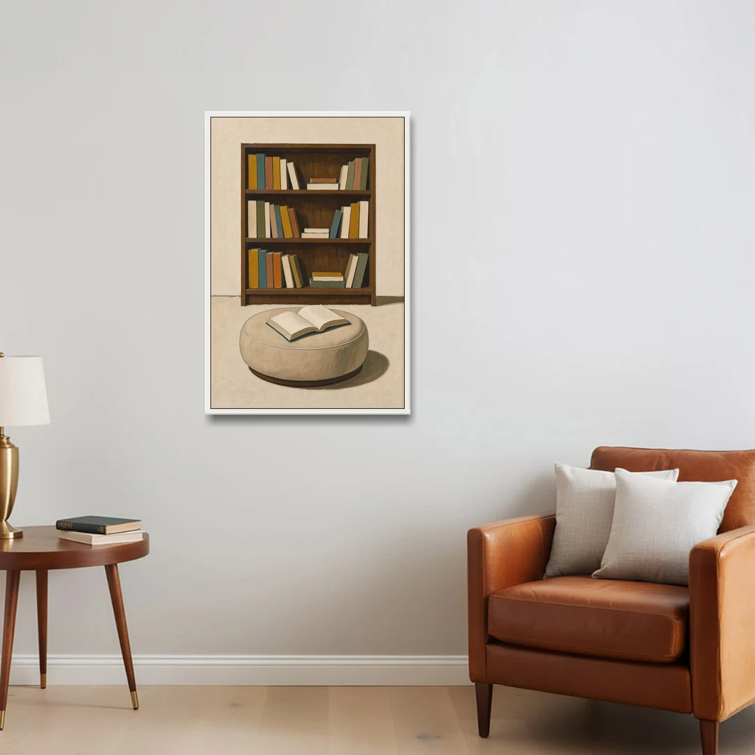 Library Wall Art with Walnut Bookcase and Pouf - White Framed Canvas Wall Art - Sofa - 24x36