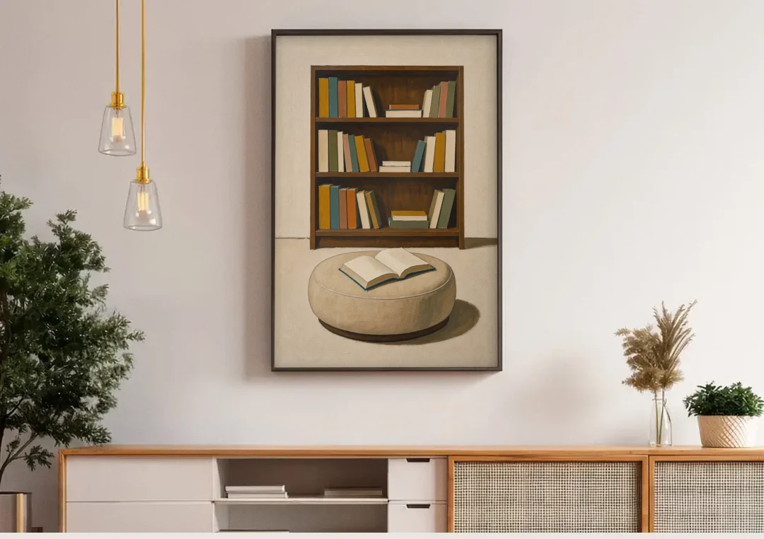 Library Wall Art with Walnut Bookcase and Pouf canvas wall art above a wooden sideboard under pendant lights