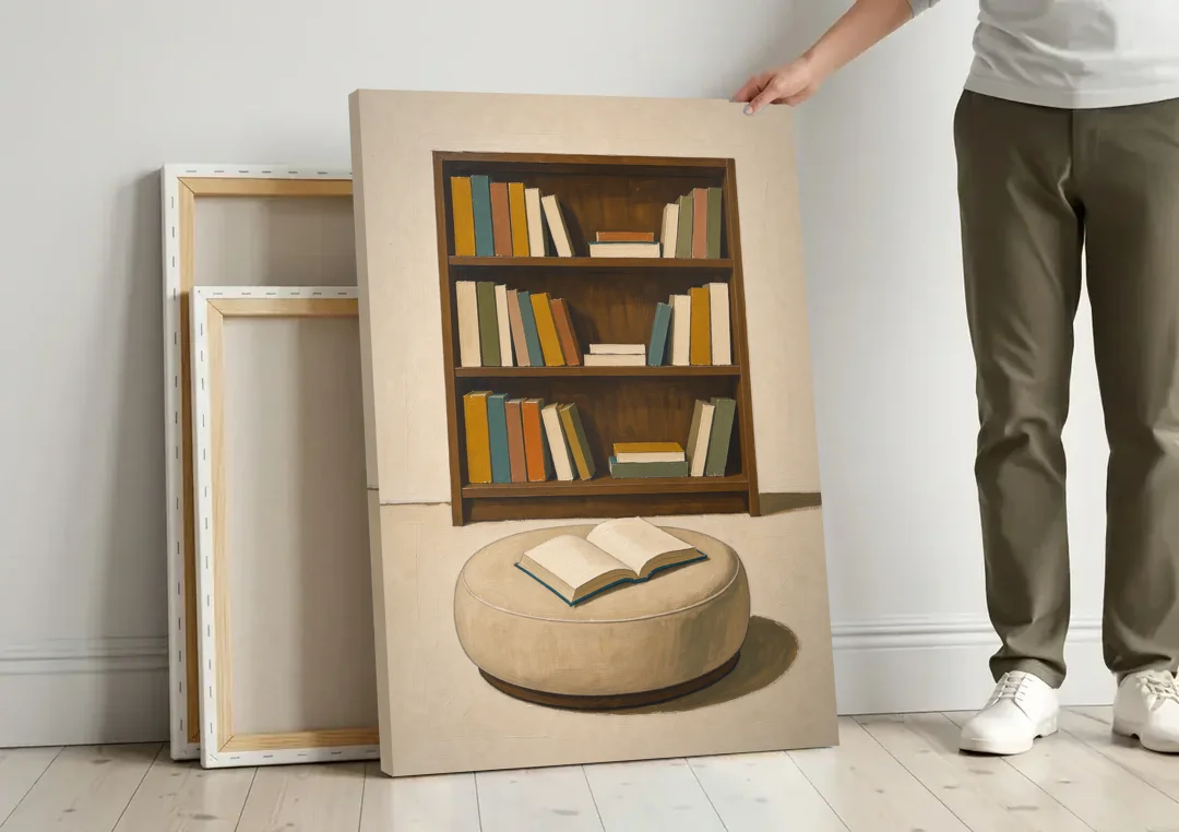 Library Wall Art with Walnut Bookcase and Pouf canvas wall art leaning against a wall next to blank canvases