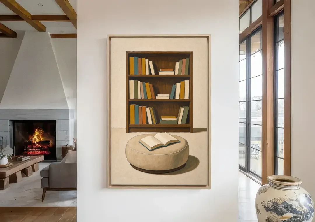Library Wall Art with Walnut Bookcase and Pouf canvas wall art in a living room with a fireplace