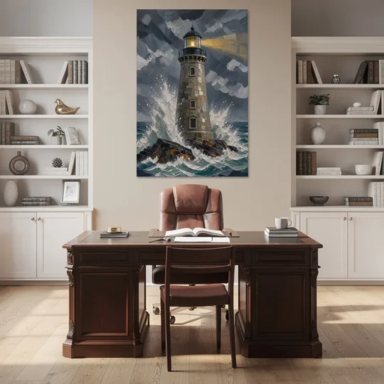 Lighthouse in Storm Painting - Canvas Wall Art - Office - 40x60