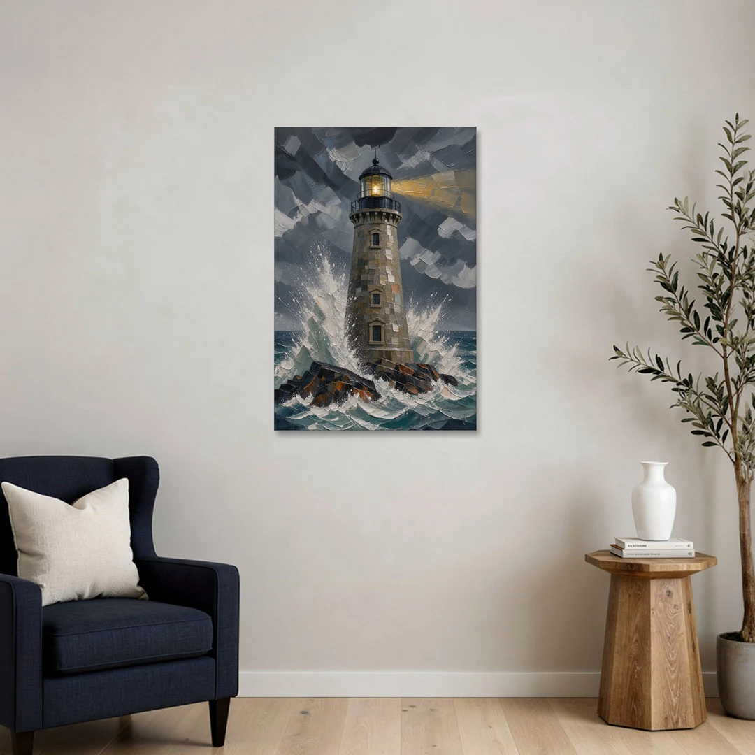Lighthouse in Storm Painting - Canvas Wall Art - Sofa - 24x36