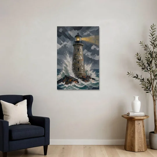 Lighthouse in Storm Painting - Canvas Wall Art - Sofa - 24x36