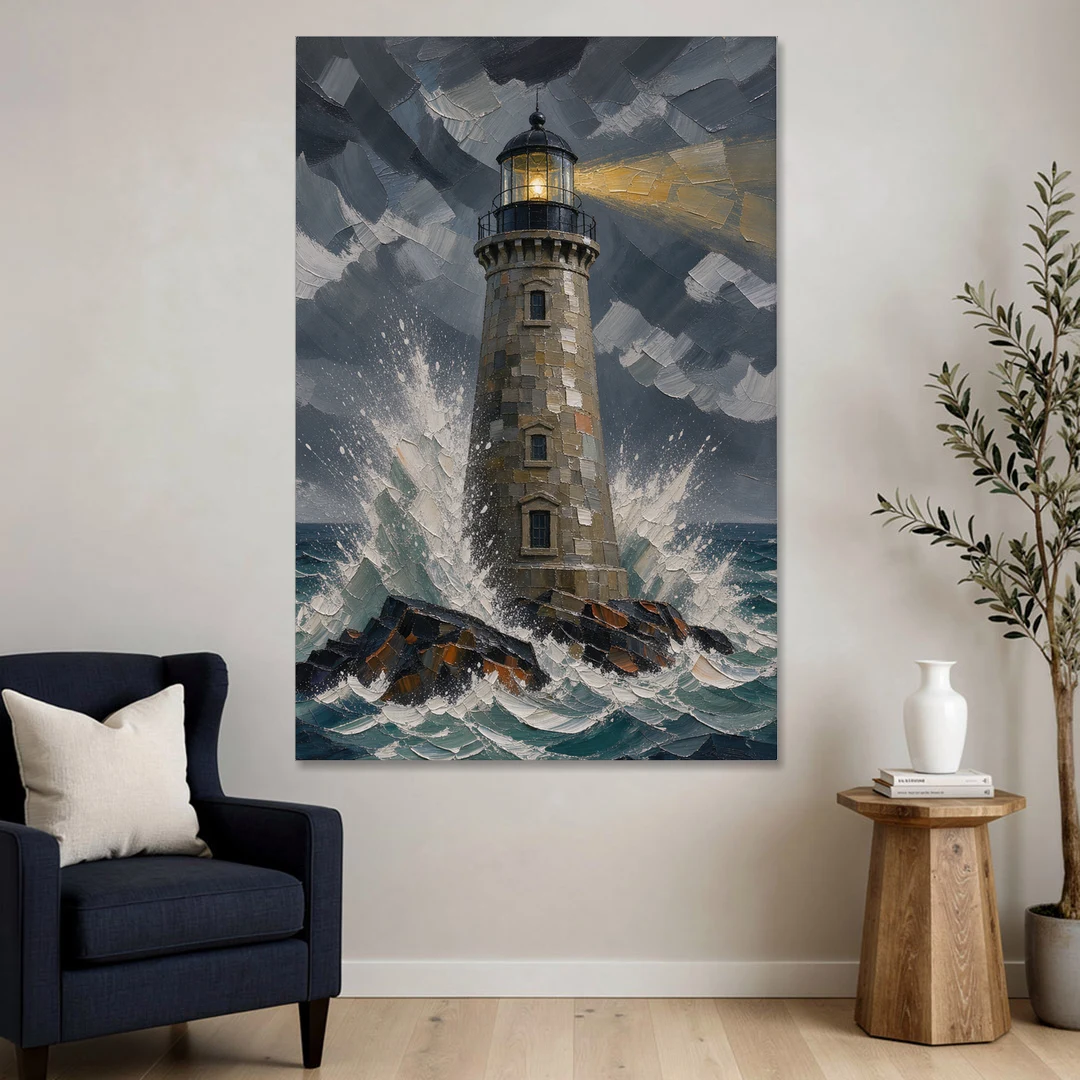 Lighthouse in Storm Painting - Canvas Wall Art - Sofa - 40x60