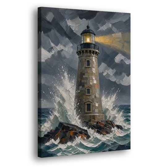 Lighthouse in Storm Painting - Canvas Wall Art - Side