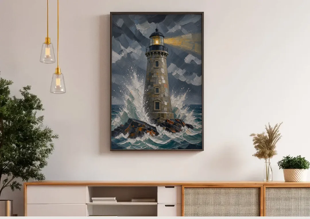 Lighthouse in Storm Painting canvas wall art above a wooden sideboard under pendant lights
