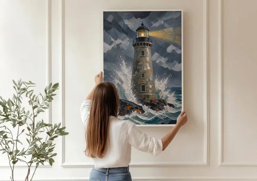 Lighthouse in Storm Painting canvas wall art being hung on a paneled wall