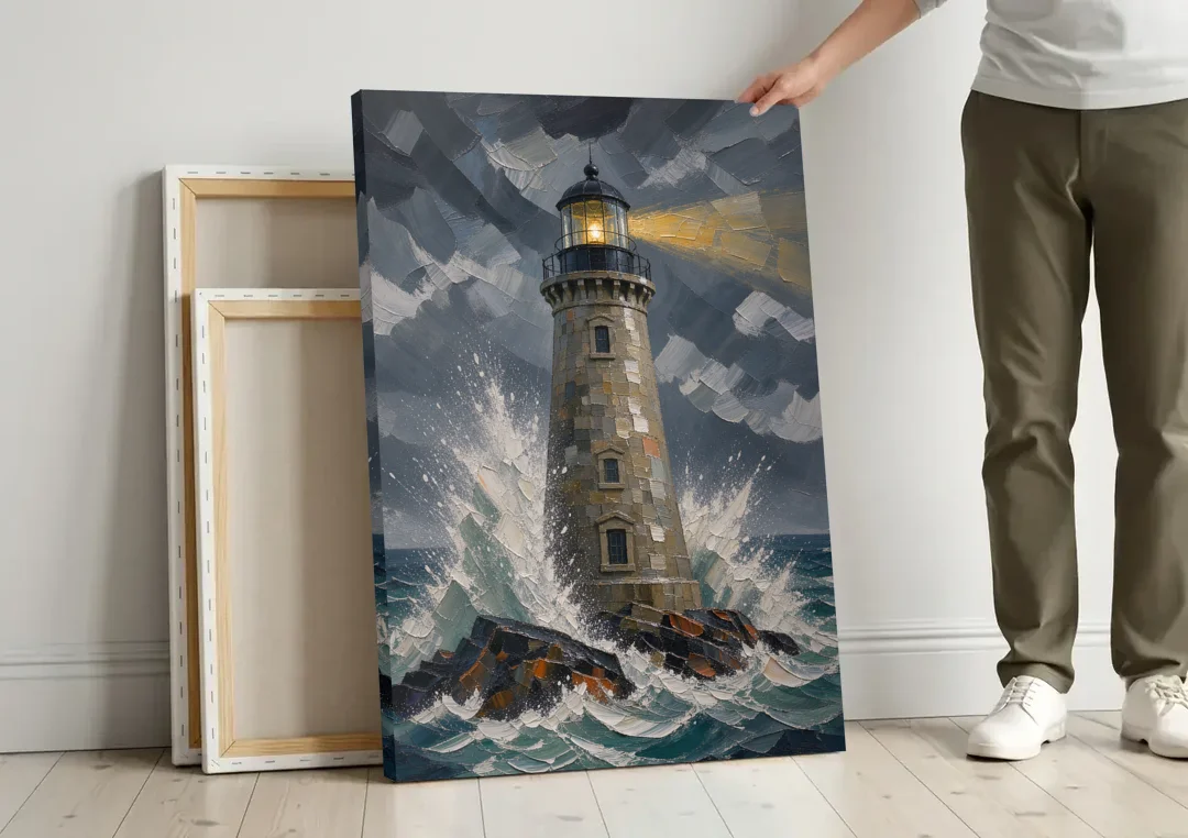Lighthouse in Storm Painting canvas wall art leaning against a wall next to blank canvases