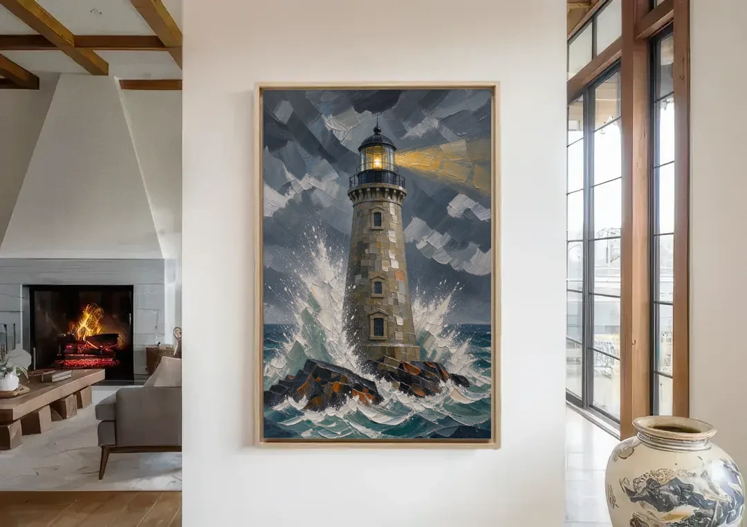 Lighthouse in Storm Painting canvas wall art in a living room with a fireplace