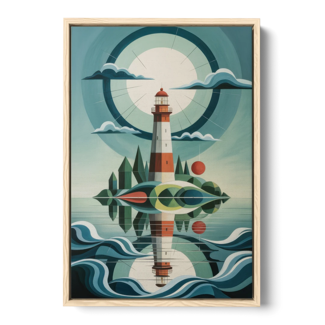 Lighthouse on the Island - Oak Framed Canvas Wall Art - Front