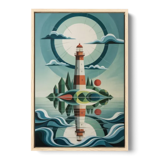 Lighthouse on the Island - Oak Framed Canvas Wall Art - Front