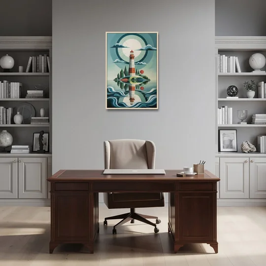 Lighthouse on the Island - Oak Framed Canvas Wall Art - Office - 24x36