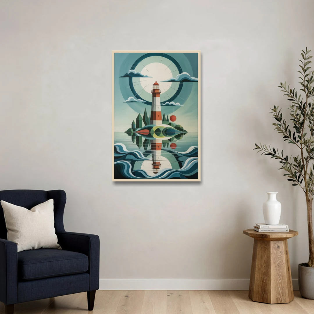 Lighthouse on the Island - Oak Framed Canvas Wall Art - Sofa - 24x36