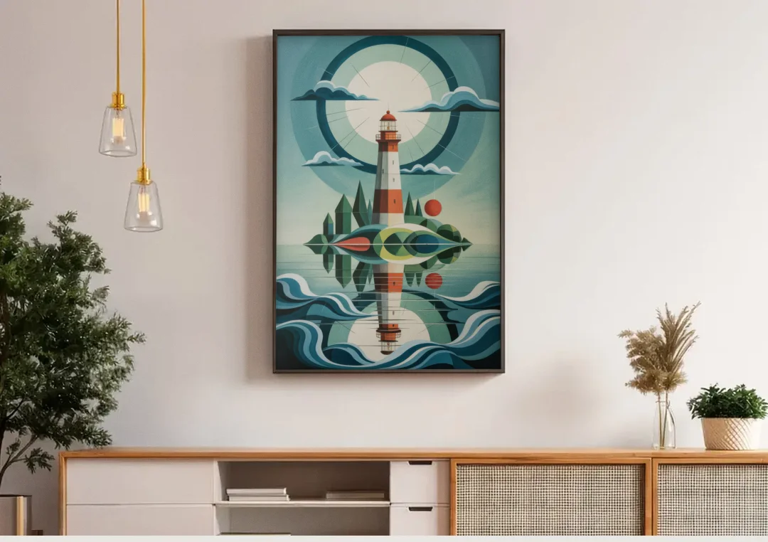 Lighthouse on the Island canvas wall art above a wooden sideboard under pendant lights