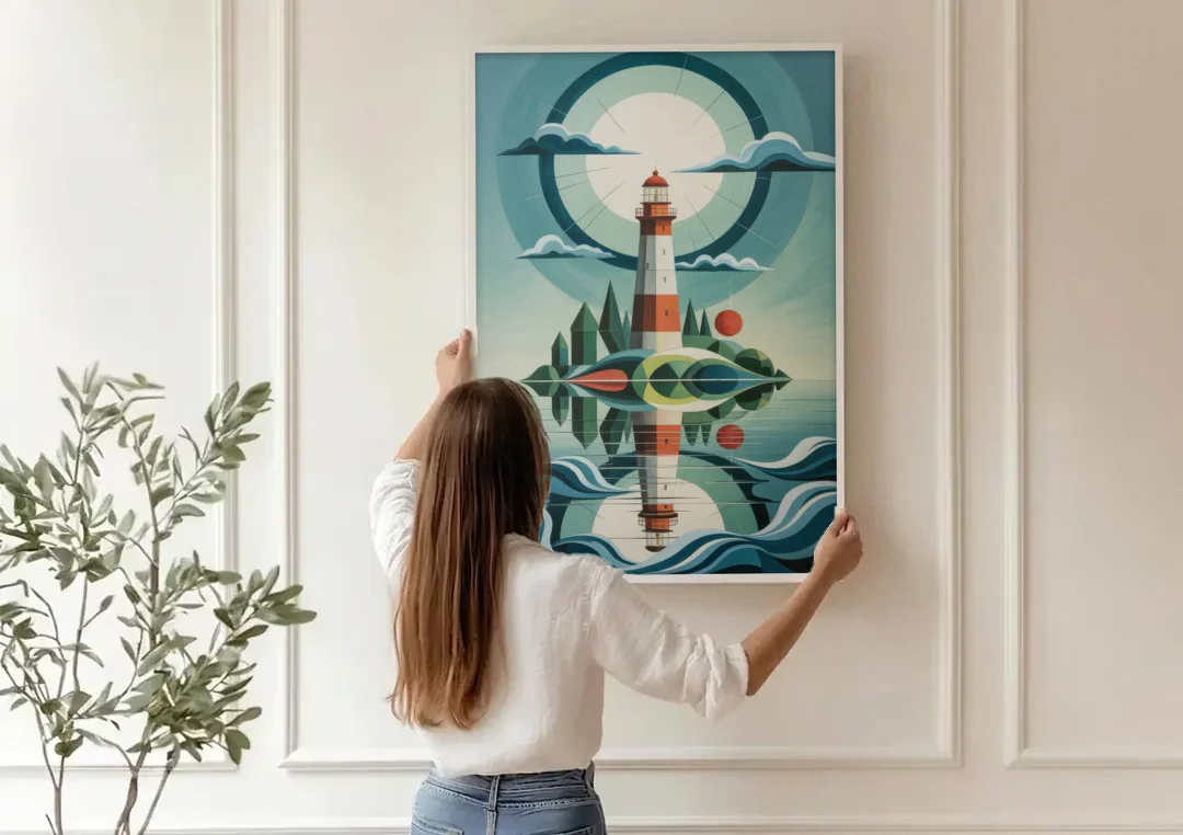 Lighthouse on the Island canvas wall art being hung on a paneled wall