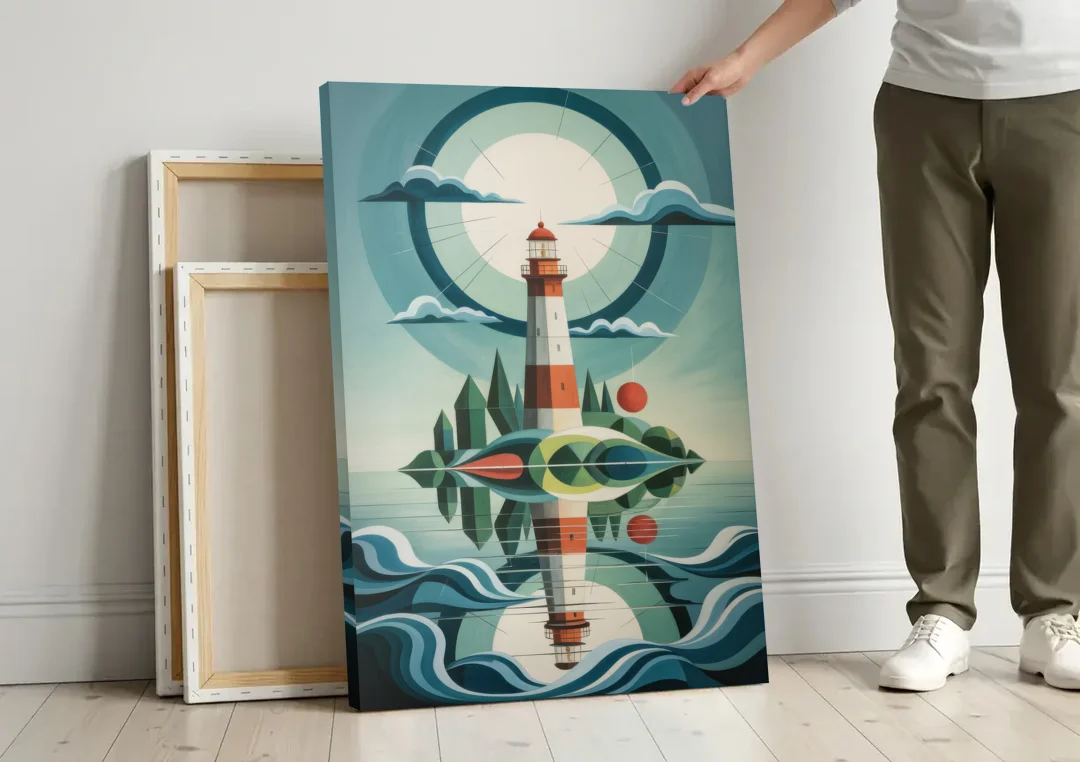 Lighthouse on the Island canvas wall art leaning against a wall next to blank canvases