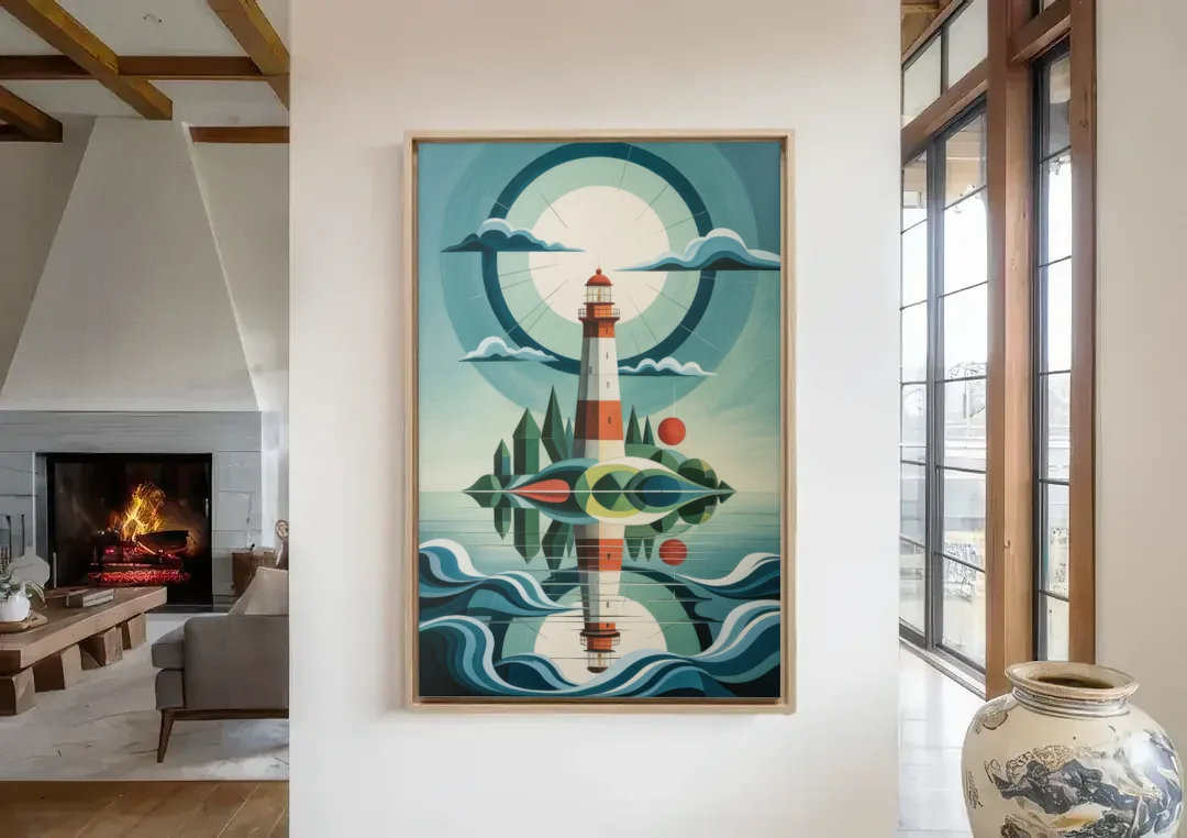 Lighthouse on the Island canvas wall art in a living room with a fireplace