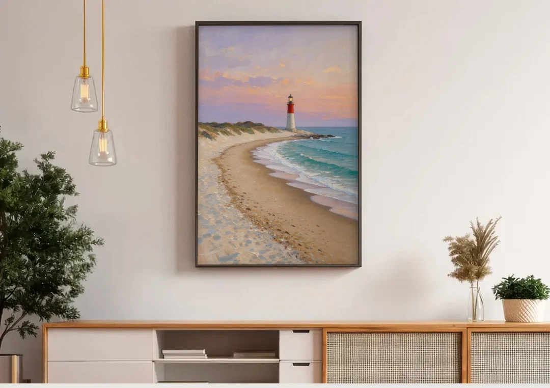 Lighthouse Painting on Canvas at Twilight canvas wall art above a wooden sideboard under pendant lights