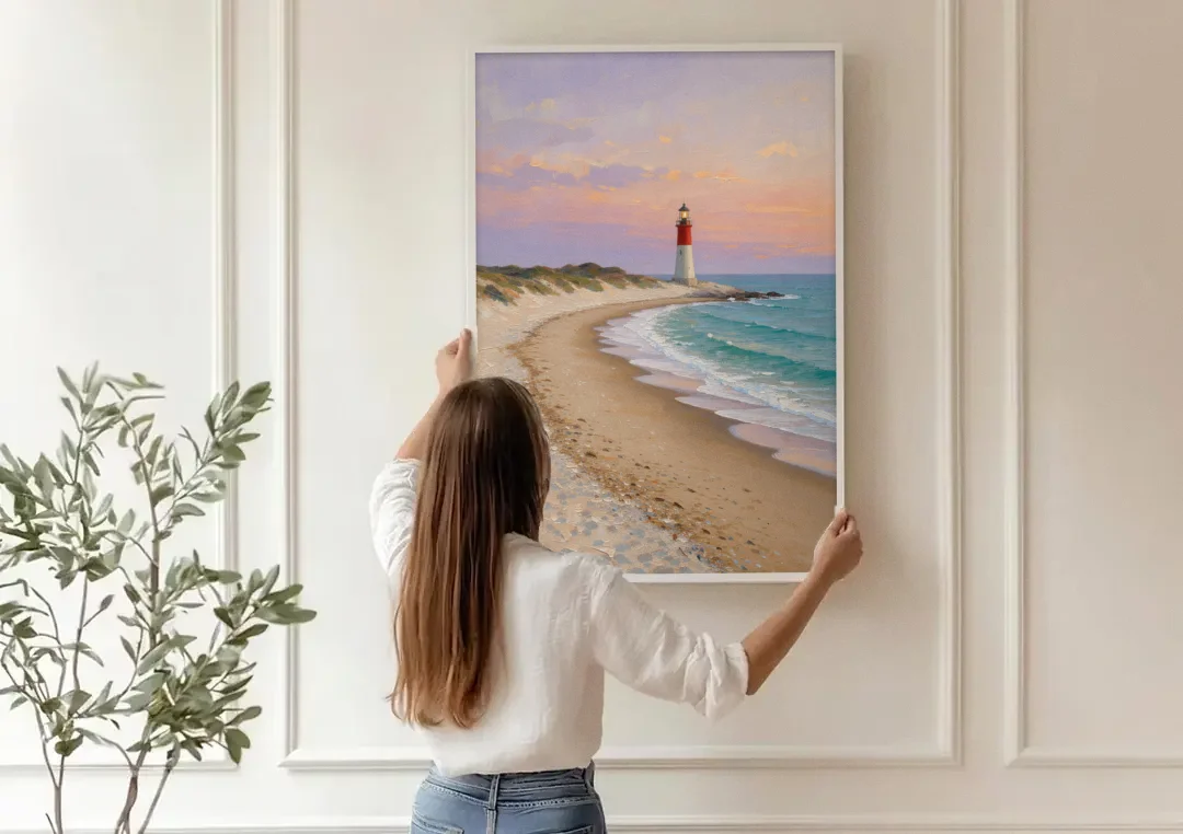 Lighthouse Painting on Canvas at Twilight canvas wall art being hung on a paneled wall