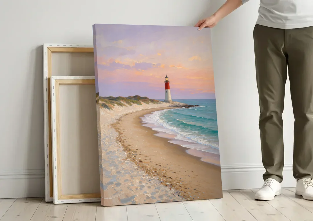 Lighthouse Painting on Canvas at Twilight canvas wall art leaning against a wall next to blank canvases