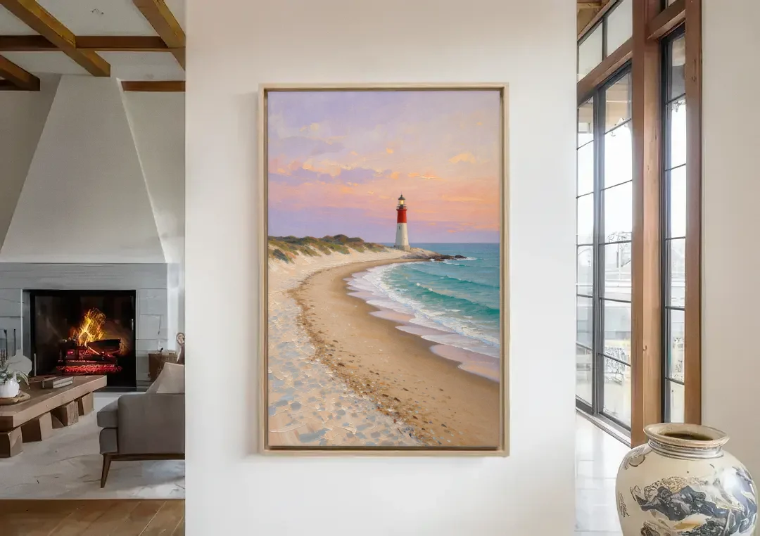 Lighthouse Painting on Canvas at Twilight canvas wall art in a living room with a fireplace
