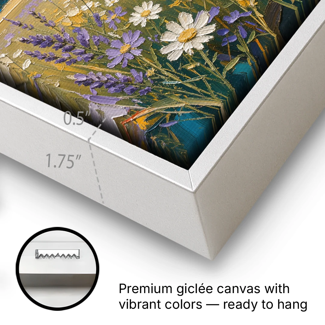 Lilac Asters in a Summer Meadow for the Bedroom - White Framed Canvas Wall Art - Gallery Wrap Corner