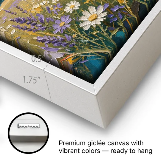 Lilac Asters in a Summer Meadow for the Bedroom - White Framed Canvas Wall Art - Gallery Wrap Corner