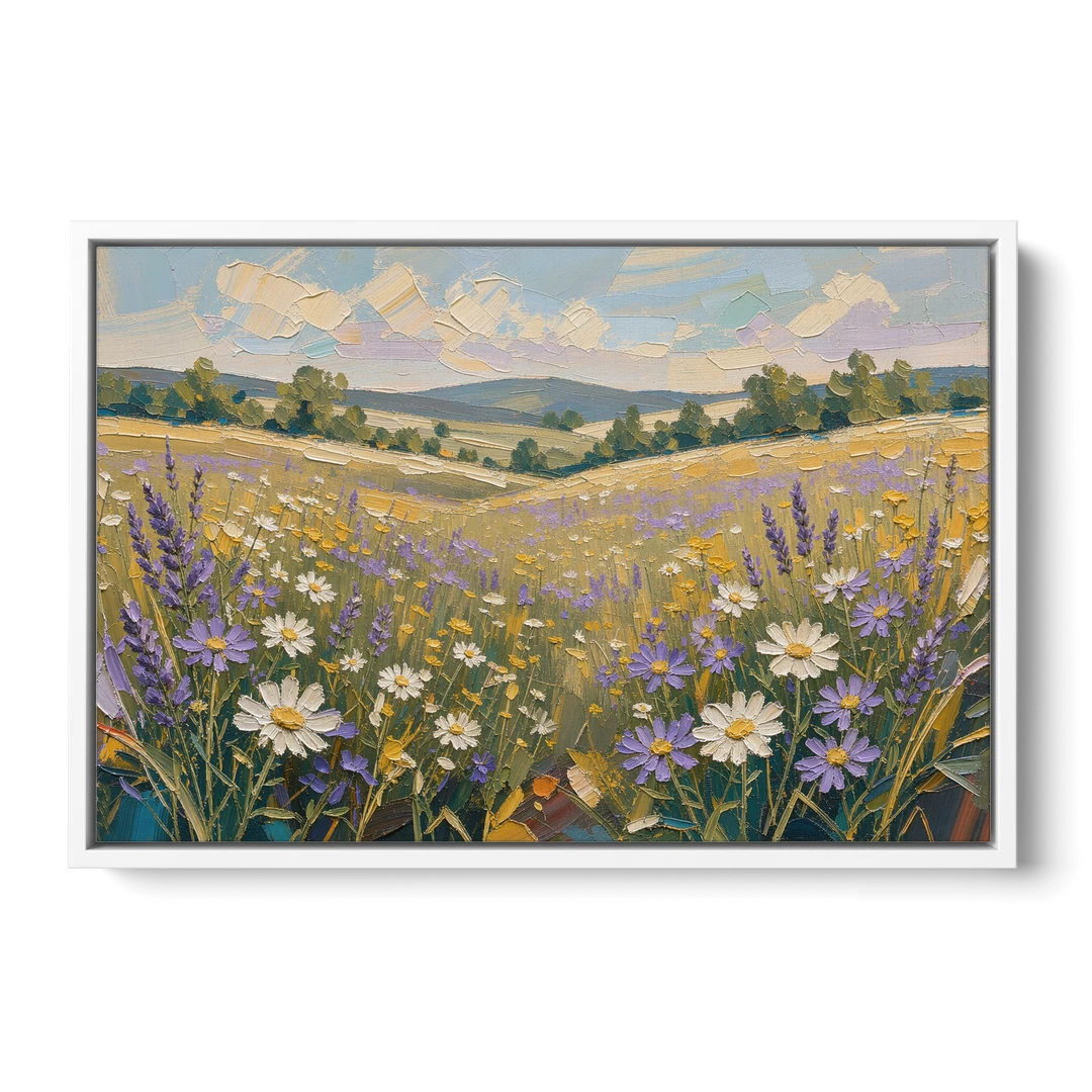 Lilac Asters in a Summer Meadow for the Bedroom - White Framed Canvas Wall Art - Front