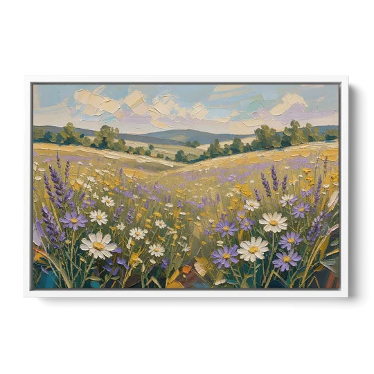 Lilac Asters in a Summer Meadow for the Bedroom - White Framed Canvas Wall Art - Front