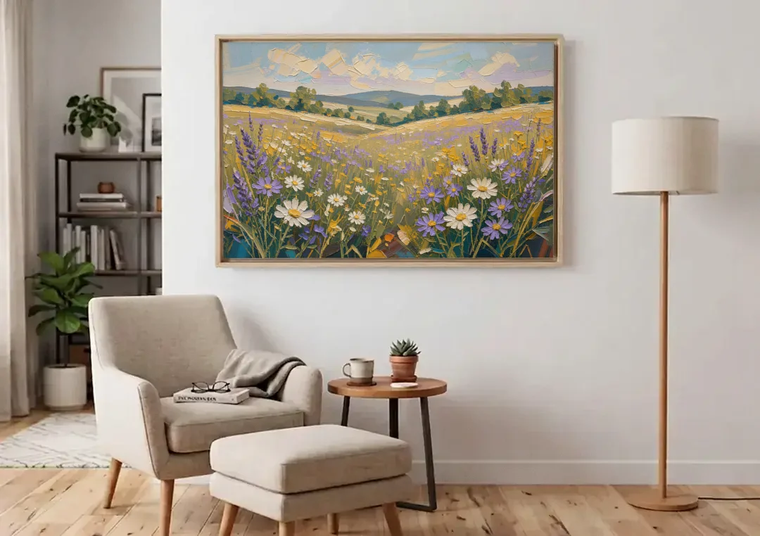Lilac Asters in a Summer Meadow for the Bedroom canvas wall art above an armchair in a bright living room