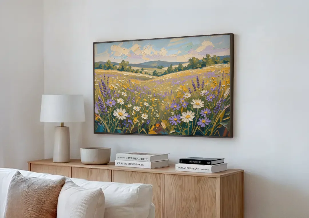 Lilac Asters in a Summer Meadow for the Bedroom canvas wall art above a wooden sideboard next to a sofa