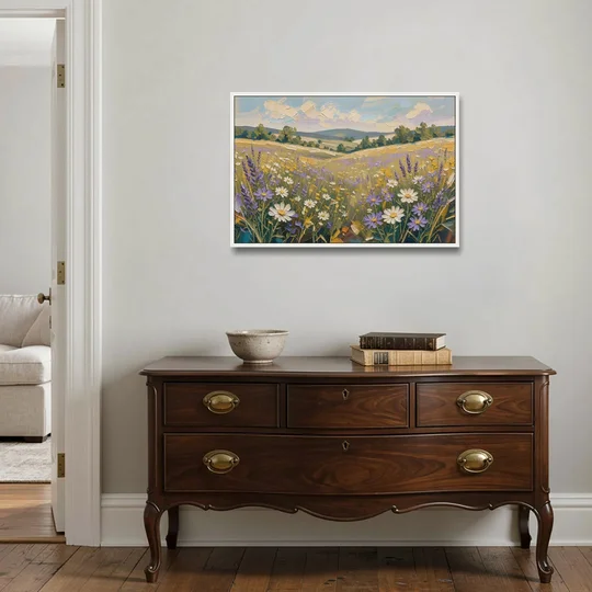 Lilac Asters in a Summer Meadow for the Bedroom - White Framed Canvas Wall Art - Coffee Table - 36x24