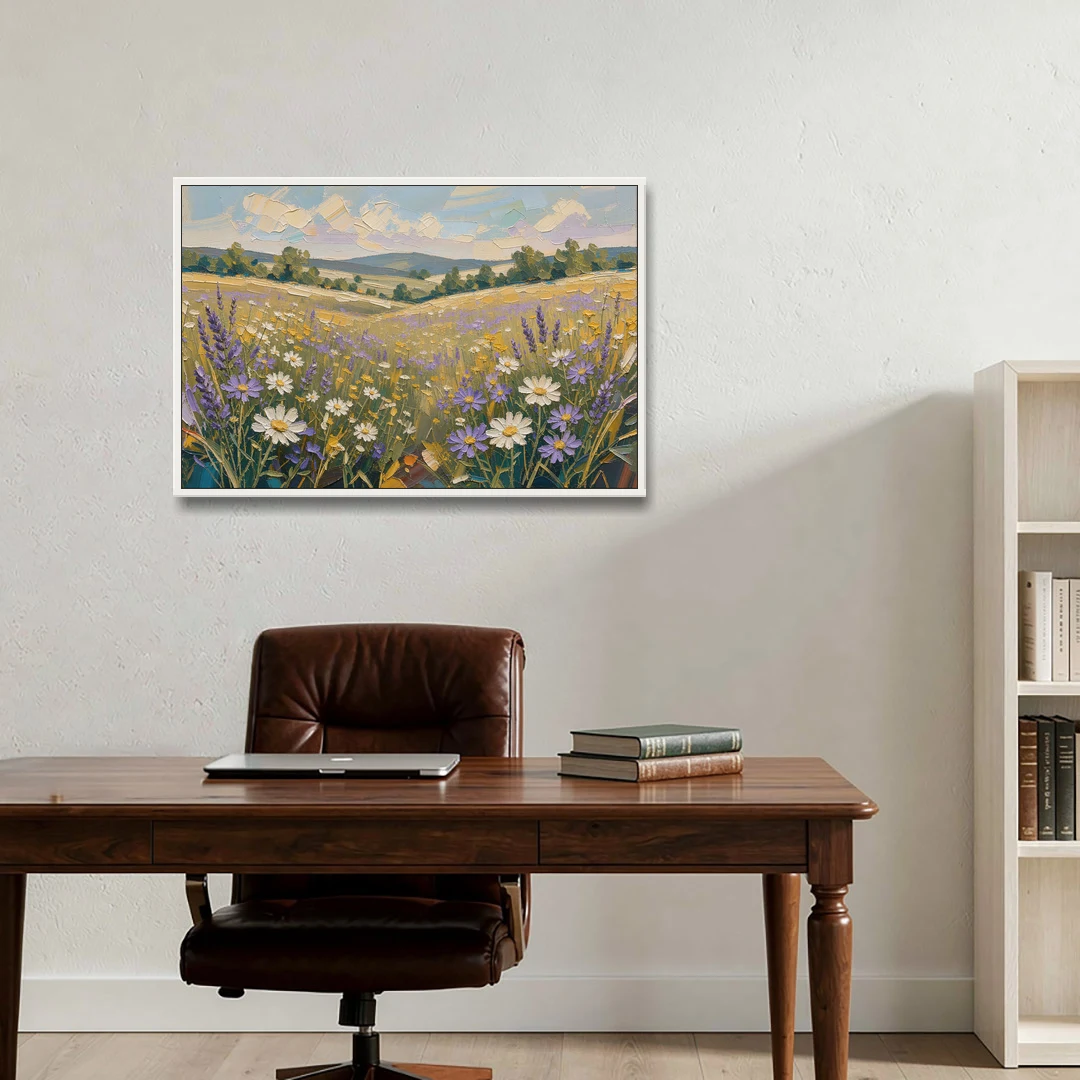 Lilac Asters in a Summer Meadow for the Bedroom - White Framed Canvas Wall Art - Office - 36x24