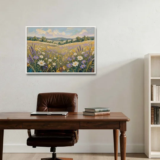 Lilac Asters in a Summer Meadow for the Bedroom - White Framed Canvas Wall Art - Office - 36x24