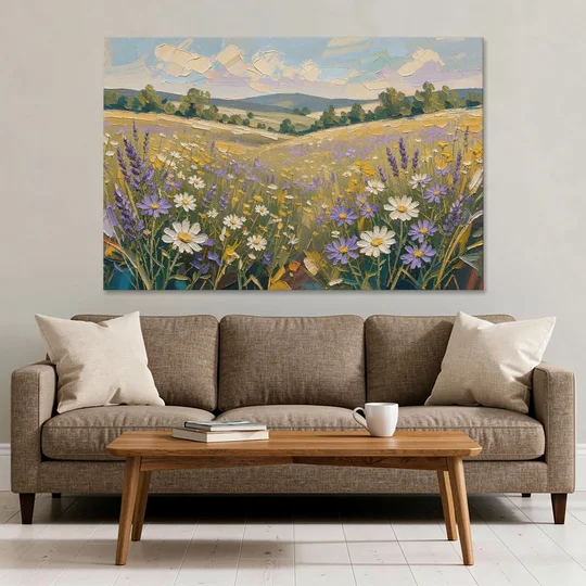 Lilac Asters in a Summer Meadow for the Bedroom - Canvas Wall Art - Sofa - 60x40