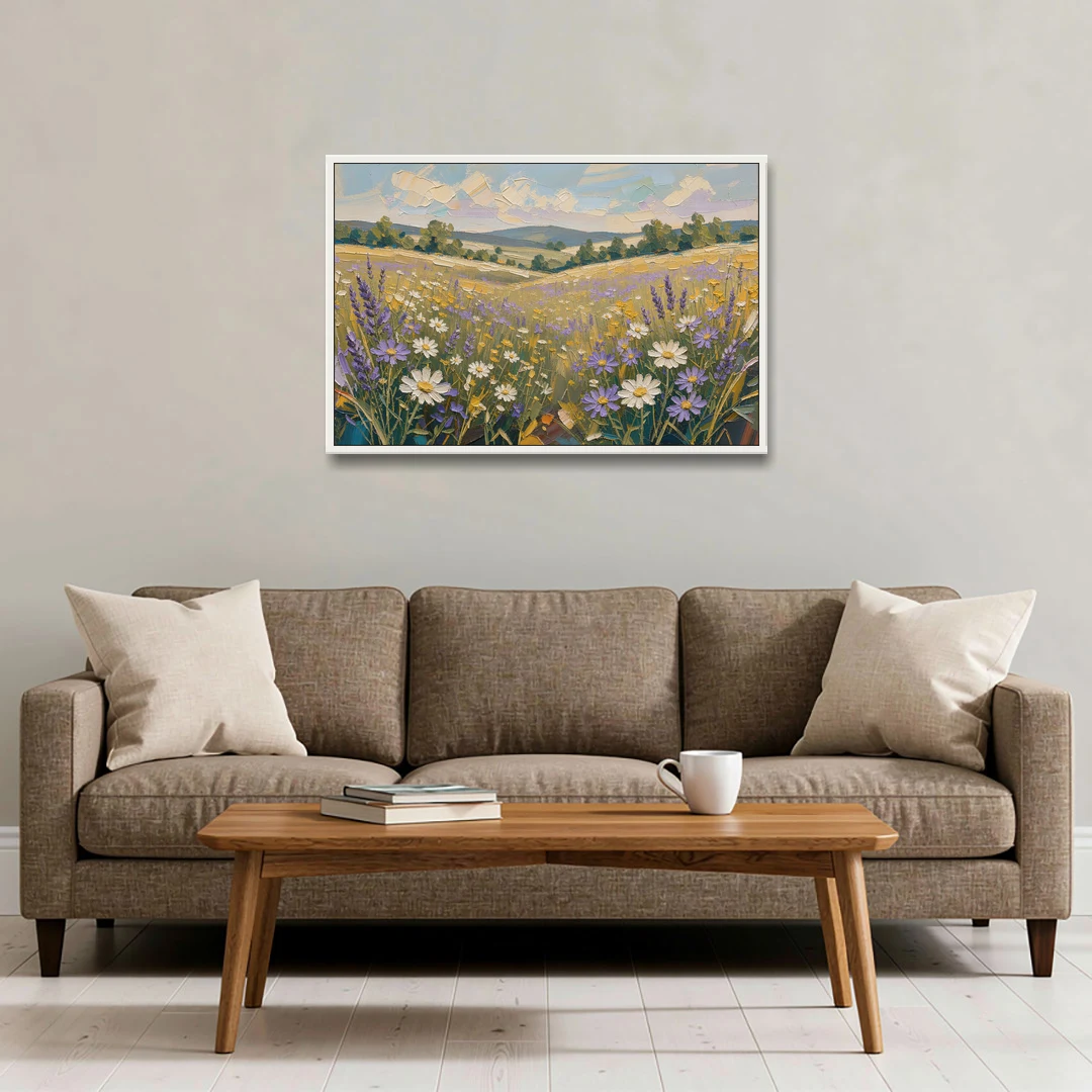 Lilac Asters in a Summer Meadow for the Bedroom - White Framed Canvas Wall Art - Sofa - 36x24