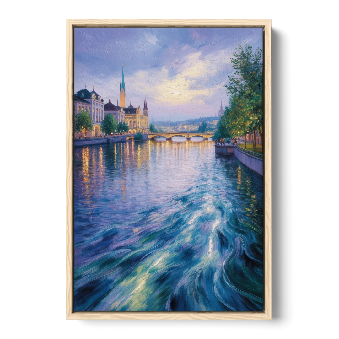 Limmat River Serenity - Oak Framed Canvas Wall Art - Front