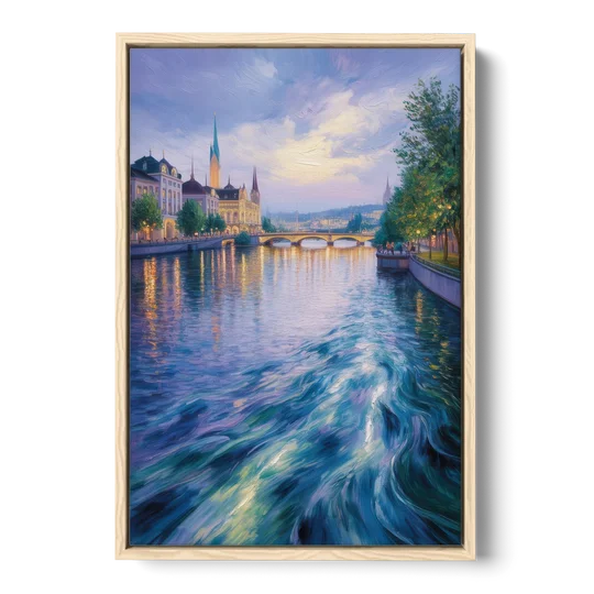 Limmat River Serenity - Oak Framed Canvas Wall Art - Front