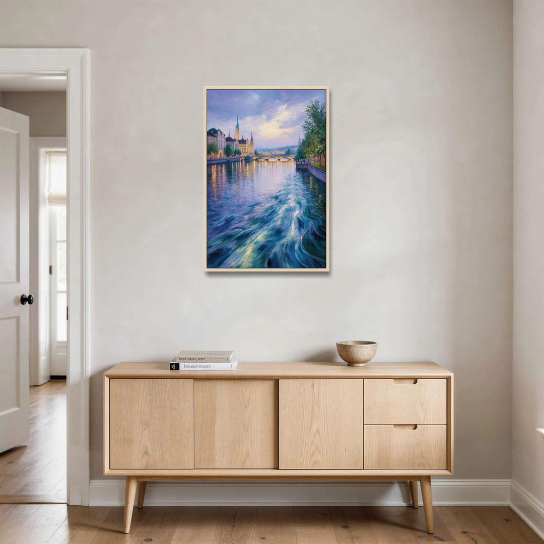 Limmat River Serenity - Oak Framed Canvas Wall Art - Coffee Table - 24x36