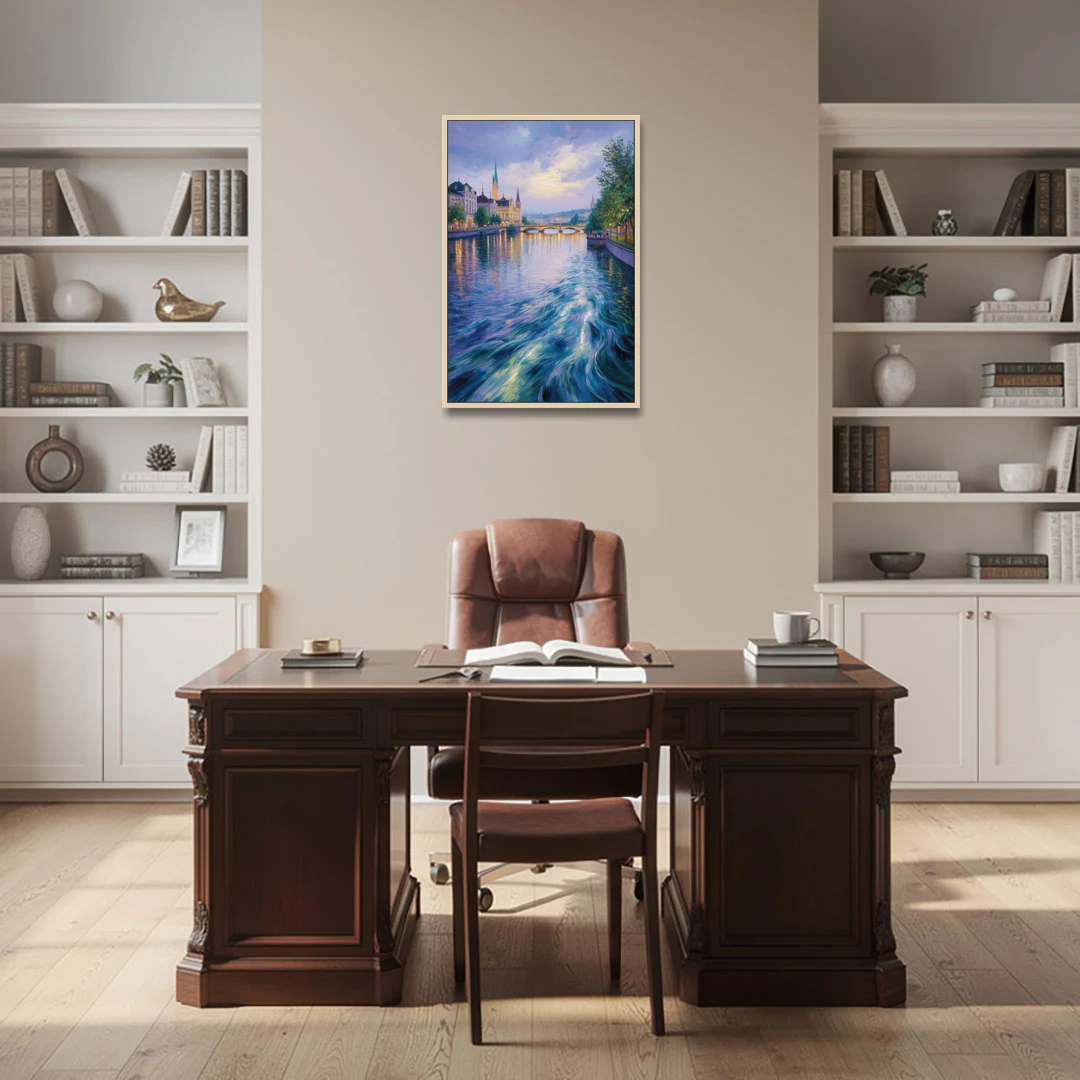 Limmat River Serenity - Oak Framed Canvas Wall Art - Office - 24x36